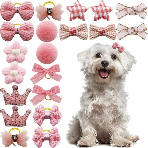 20pc Pink Dog Hair Bows with Rubber Bands, Bowknot Top Knot Grooming Flower Ball Bows Hair Accessories for Pet Puppies Yorkie Teddy Pink Small Dog Hair Accessories (Pink) in Saudi Arabia