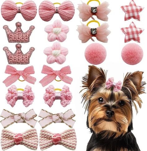 20pc Pink Dog Hair Bows with Rubber Bands, Bowknot Top Knot Grooming Flower Ball Bows Hair Accessories for Pet Puppies Yorkie Teddy Pink Small Dog Hair Accessories (Pink) in Saudi Arabia