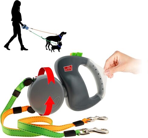 WIGZI 2 Two Dog Reflective Retractable Pet Leash – 360 Degree Zero Tangle Patent - Two Dogs Each up to 50 lbs and 10ft. Reflective Orange and Green Leads. Dual Locking, Small, Gray in Kuwait