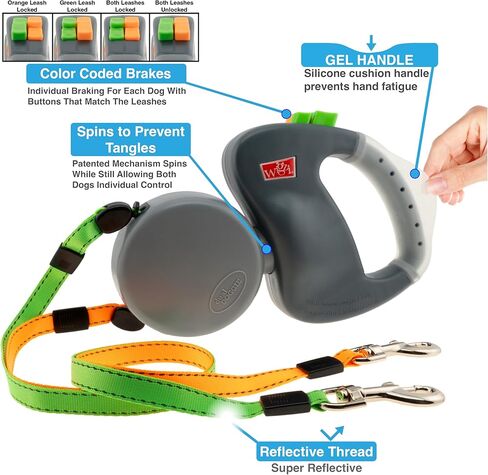 WIGZI 2 Two Dog Reflective Retractable Pet Leash – 360 Degree Zero Tangle Patent - Two Dogs Each up to 50 lbs and 10ft. Reflective Orange and Green Leads. Dual Locking, Small, Gray in Kuwait