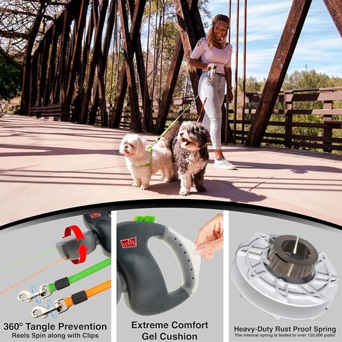 WIGZI 2 Two Dog Reflective Retractable Pet Leash – 360 Degree Zero Tangle Patent - Two Dogs Each up to 50 lbs and 10ft. Reflective Orange and Green Leads. Dual Locking, Small, Gray in Kuwait