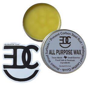 RockinEDC All Purpose Wax (2 oz.) 60 ml. – Total protection for Steel, Wood & Leather. Made in Texas with sustainably harvest beeswax; Eco friendly, All natural, Organic, Food safe, Vegan & Nontoxic.