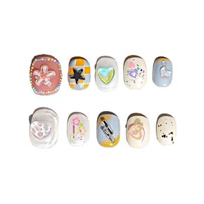 Handcraft Reusable Press on Nails Summer Soda, Lovely Colorful Joyful Childlike Short Round square Fake Nails with Lively Flower Star Heart and Glitter in 10pcs Customized Size (Large)