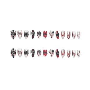 Handcraft Reusable Press on Nails Lost Ruins, Decadent Horrible Dark Bloody Angle silvery Short Stiletto Fake Nails with Snack Crossbones Spider and Black Rose in 24 pcs Full Size