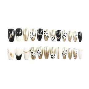 Handcraft Reusable/Removable Press on Nails Vintage Cream, Hampagne Metallic Spotted Elegant Classy Medium Coffin Fake Nails with Pearl and Glitter in 24 pcs Full Size