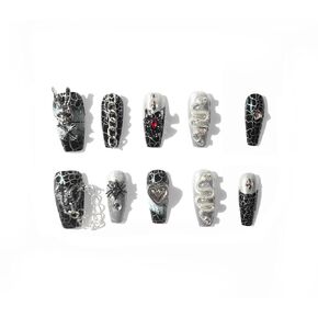 Handcraft Reusable Press on Nails Devil's Cave, Easter Weird Stunning Exquisite Silver fissure Medium Coffin Fake Nails with Evil Rabbit Snake and Pendant in 10pcs Customized Size (Large)