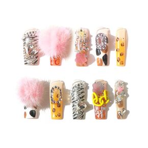Handcraft Reusable Press on Nails Wild party, Y2K Unique Hot Multicolor Zebra-stripe and Leopard Print Long Square Fake Nails with Pink Fuzzy Ball Glitter in 10pcs Customized Size (Large)