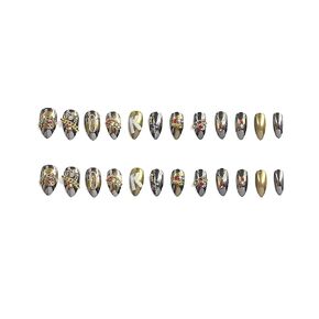 Handcraft Reusable Press on Nails Black Gold, Mysterious Upscale Deep Mirror Reflective Black Short Stiletto Fake Nails with Golden Chain Tubular Bead and Rhinestones in 24pcs Full Size