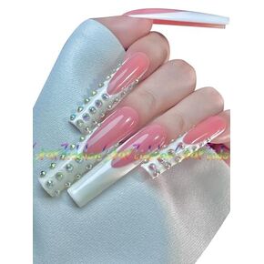 HAND-PAINTED White Press Ons Neon Small Press on Nails Long French Press on Nails Coffin Medium Short Nail art Fake Nail Art Kit with 7g Glue on Nails Handmade Almond Square Nails (Large, Style 26)