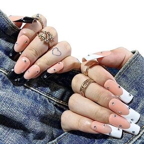 HAND-PAINTED Nails Press Ons Press on Nails Long French Tips White&black Press on Nails Coffin Medium Length Nail Art Fake Nail Kit with 7g Glue on Nails coffin Handmade Nail (Medium, Style 31)