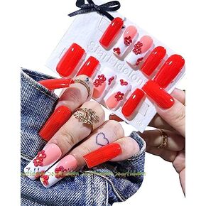 HAND-PAINTED Medium Press on Nails with Glue for Girls, Short Almond French Tip Press On Nails Set Short Stick on Nails Kit Long Square Bling Nail Handmade, Custom Coffin Nail (Small, Style 20)