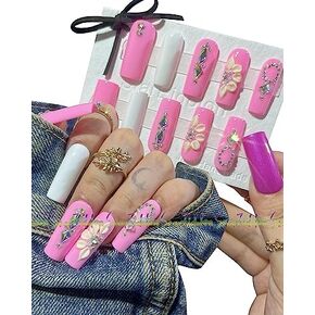 HAND-PAINTED Pink Press on Nails Square Short French Tips Coffin Fake Nails Kit Handmade Medium Press on Nails with Glue for Girls, Salon Quality offer Custom Long Coffin Stiletto (Medium, Style 18)