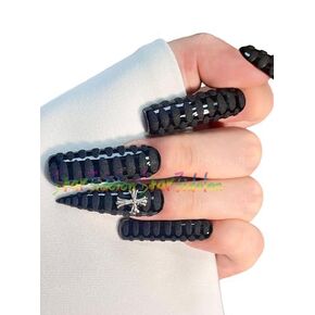 HAND-PAINTED Cross Medium Press on Nails with Glue for Girls, Short Almond French Tip Press On Nails Set Short Stick on Nails Kit Long Square Bling Nail Handmade, Coffin Nails (Medium, Style 21)