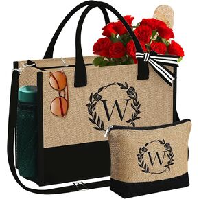 Gifts for Women - Initial Jute Tote Bag & Makeup Bag with Zipper Pockets Adjustable Strap, Birthday Gifts for Women