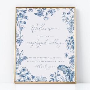 Welcome to Our Unplugged Wedding Sign for Weddings and Events, Blue and White Wedding Signs, Chinoiserie Floral Design on Thick Cardstock by Gandy Designs