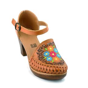 Mexican Leather Shoes with Embroidered Flowers, with heels for Women - Model 102BL (6, Brown)