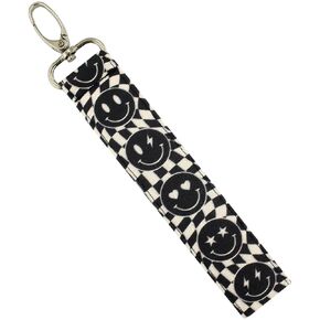 Smiley Face Keychain Wristlet - Retro Checkered Happy Face Lanyard - Cute Hippie Key Tag for Backpack - Trendy Car Accessories for Women