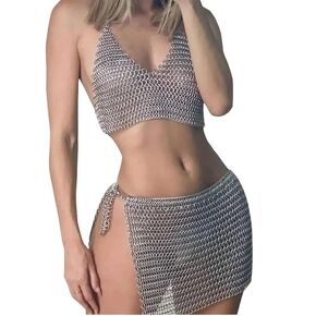 Butted chain mail bra Chain mail skirt Aluminum chain mail lingerie Handcrafted medieval-style bra and skirt Fantasy costume accessories Anodized aluminum fantasy wear