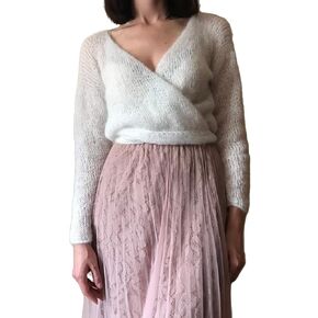 White Mohair Sweater for Women's Knitted Open Cardigan Handmade Belt Bow V-neck Warm Tee Cropped Pullover Mesh Poncho Fluffy Jacket Wedding Shrug Bridal Wrap