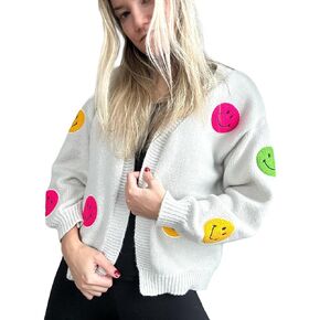 Cardigan Embroidered Patch Knit Smiley Face Sweater (One Size Fits Most)