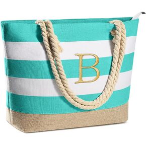 YOOLIFE Initial Canvas Waterproof Beach Tote Bag Zipper Personalized Gifts for Women Her Birthday Travel Beach Essential