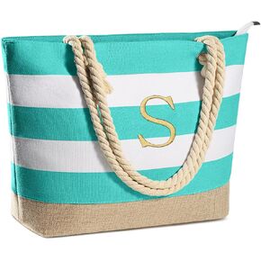 YOOLIFE Initial Canvas Waterproof Beach Tote Bag Zipper Personalized Gifts for Women Her Birthday Travel Beach Essential