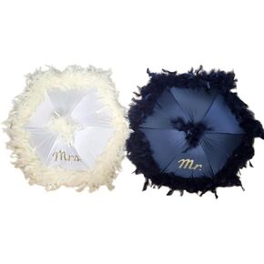 Navy and Cream Mr. and Mrs. Second Line Umbrella Parasol- Feather Trim and Topper- New Orleans Wedding (Medium Parasol Sized) in Saudi Arabia