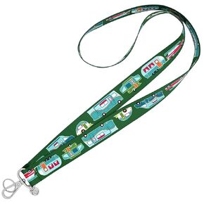 RV Camping Lanyard - ID Badge Holder - Keychain - Cute Trailers on Green - 1x36 Inch - Vintage Car & Camper - Class B - Class C - Teardrop - Motorhome - Pop-Up - Handmade by Green Acorn Kitchen