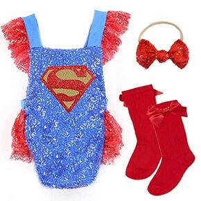 Superhero baby Girl superhero Halloween super Costume customized baby girl costume superhero girl sequin romper high knee socks and matching bow (3-6 month)