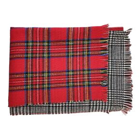 Women's Royal Stewart Tartan Plaid & Houndstooth Blanket Scarf, Wool Shawl Wrap, Red Black and White