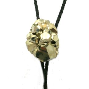 Man's Southwestern Bolo Tie Featuring Pyrite or Fool's Gold On Black Leather Cord and Sterling Silver Tips