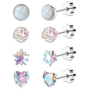 4Pairs Hypoallergenic Flat Back Earrings for Women 14K Gold Cartilage Earring for Sensitive Skin Star Heart Opal Screw Back Nap Earrings Gold AB