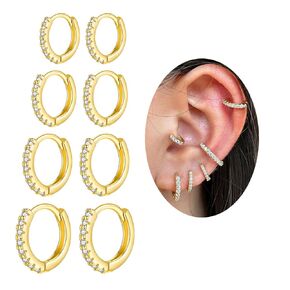 Small Gold Hoop Earrings Set for Women, Trendy 4 Pairs 14k Gold Plated Dainty Huggie Earrings Cuff for Cartilage, Helix, Tragus, Conch Piercing Jewelry