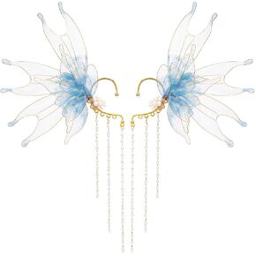 FRESHME Elf Ear Cuffs Mermaid - Fairy Ears Princess Blue Auricular Fins Earring with Pearl Tassel No Piercing Earrings Dress up Mermaid Christmas Halloween Renaissance Cosplay Party Costume Accessorie