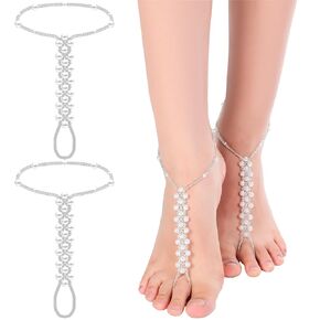 Yinkin 1Pair اليدوية زهرة صنادل بيرفوت بوهو شاطئ أحذية الزفاف للنساء لؤلؤة بيرفوت المرأة الصنادل حجر الراين اصبع القدم الدائري خلخال لوصيفات العروس الشاطئ الزفاف مجوهرات القدم (حجر الراين)