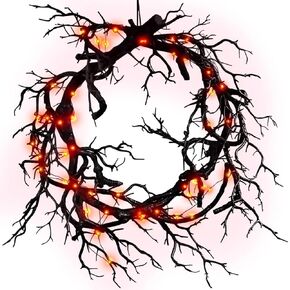 Halloween Black Branch Wreath Signs for Front Door with Lights,Handcrafted Halloween Horror Wreath for Indoor Outdoor Party Window Wall Decor Farmhouse Garland Yard (Black Branch)