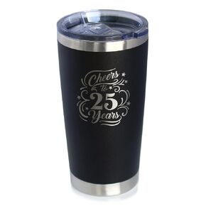 Cheers to 25 Years - Insulated Coffee Tumbler Cup with Sliding Lid - Stainless Steel Insulated Mug - 25th Anniversary Gifts and Party Decor - Black