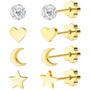 4Pairs Flat Back Earrings for Women 14K Gold Hypoallergenic Cartilage Earring for Sensitive Skin CZ Opal Heart Star Ball Screw Back Nap Earrings for Helix Piercing Gold StyleA