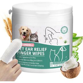 Dog Ear Cleaner Finger Wipes - Cat Ear Cleaner Wipes Grooming Pet Supplies Reduce Dirt Wax, Debris Soothes & Deodorizes, Fresh Coconut Scent 50 Counts