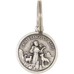 Needzo Silver Tone Base Metal Catholic Saint Francis of Assisi Patron Saint of Animals Protect My Pet Medal Pendant Charm on Split Ring for Dog or Cat Collars, 1 3/4 Inch (Long)