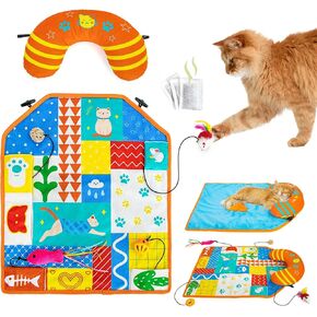 2-in-1 Cat Mat with Cat Pillow for Small Medium Large Cats,Cute Cat Catnip Toys,Soft Plush Crinkle Mat for Kitten Sleeping Snuffing Playing,Machine Washable Cat Play Mat Pet Cushion Pad Mat Cat Gifts