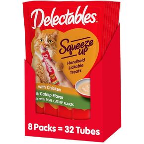 Hartz Delectables Squeeze Up Interactive Lickable Wet Cat Treats for Adult & Senior Cats, Chicken with Catnip, 32 Count