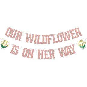 Rose Gold Glitter Our Wildflower is on Her Way Banner, Sweet Baby Girl, Gender Reveal Decor, Wildflower Welcome Baby Shower Decoration