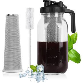 Cold Brew Coffee Maker, Mason Jar Pitcher with Stainless Steel Filter & Pour Spout Handle Lid,&Heavy Duty Glass for Iced Coffee & Tea -64 Oz（2 Quart） Black