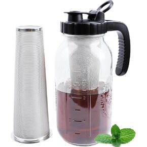 Cold Brew Coffee Maker Pitcher 2 Quart Glass Mason Jar With Spout Lid Filter Half Gallon Wide Mouth Iced Tea Brewing Jug Heavy Duty Handle Airtight & Leak-Proof Pitcher For Fridge Sun Tea 64 OZ