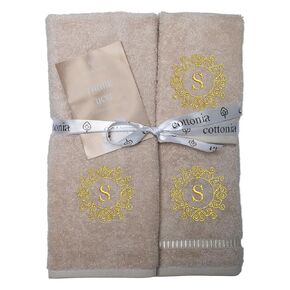 Natural Turkish Cotton 3 Pcs Towel Set, 630 GSM, Personalized Initials 1 Bath Towel 1 Hand Towel 1 Wash Cloth Hotel Spa Quality Monogram (R Initial, Beige)