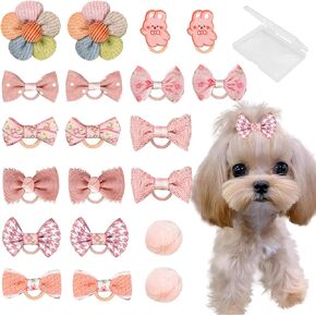20 Pcs Small Dog Hair Bows with Rubber Bands Handmade Puppy Hair Bows Cute Grooming Flower Ball Bowknot Top Knot Dog Hair Accessories Hair Ties for Yorkie Maltese Pet (Pink) ﻿