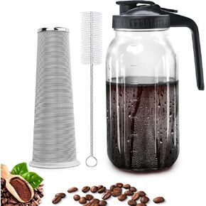 Cold Brew Coffee Maker Pitcher, 64oz Thick Glass Multipurpose Mason Pitcher Spout Lid with Wider Handle & Stainless Steel Filter for Iced Coffee, Lemonade, Ice Tea, Homemade Fruit Drinks, Black