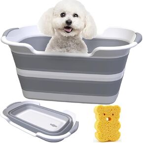 Multi-Functional Collapsible Dog Bathtub with Brush,Drainage Hole, 7.1 Gal/27L Portable Laundry Basket, Foldable Small Pets Bathtub, Bathing Tub for Puppy Small Dog Cat (Grey)