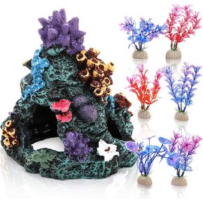 7 pcs Aquarium Colorful Coral Reef, Fish Tank Decoration Mountain Ornament, Rock Cave Landscape with 6 Aquatic Plants, Hideout House Decor for Betta Fish